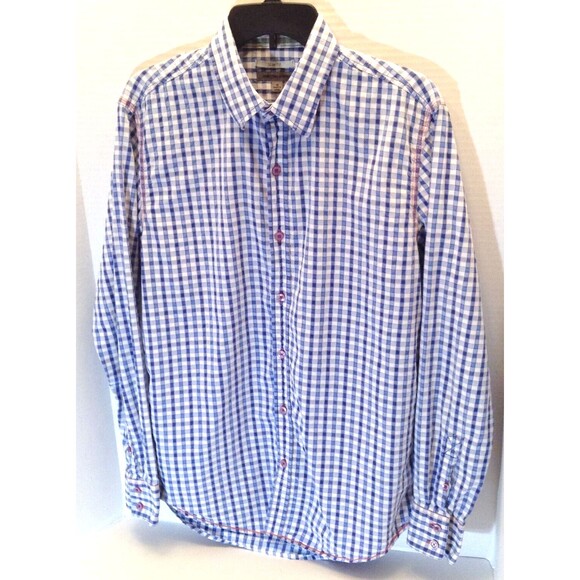 Johnston & Murphy Shirt Men M Blue Check Plaid Slim Fit Button Up Flip Cuff - Picture 4 of 11
